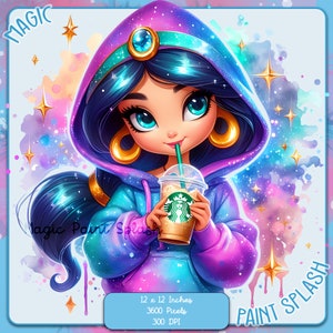 Jasmine Starbucks Clipart: Princess in Hoodie, Rainbow Watercolor (PNG Digital Download)