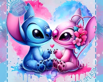 Stitch and Angel Watercolor PNG: Rainbow Love Clipart (Digital Download)