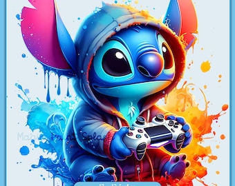 Stitch Gamer Watercolor Splash, Clipart Images, Graphics and Artwork, Rainbow Aesthetic, PNG Cute PS Images