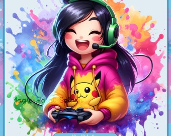 Gamer Mulan Watercolor Clipart: Rainbow Princess PNG (Digital Download)