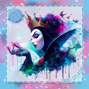 May include: A digital art print of a character with a gold crown and a dark cape, with the text "MAGIC" and "PAINT SPLASH". The image features a watercolor style with vibrant colors, including pink, blue, and black. The image is 12 inches and 3600 pixels.