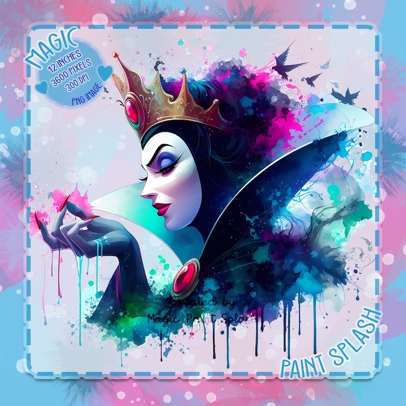 May include: A digital art print of a character with a gold crown and a dark cape, with the text "MAGIC" and "PAINT SPLASH". The image features a watercolor style with vibrant colors, including pink, blue, and black. The image is 12 inches and 3600 pixels.