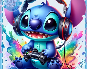 Stitch Gamer Clipart, Watercolor Gaming Controller, Rainbow PNG (Digital Download)