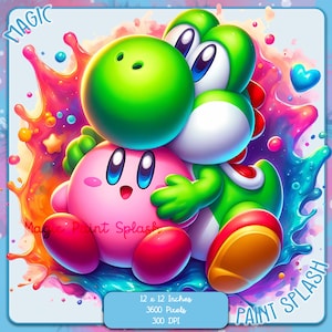 Yoshi und Kirby Aquarell Splash, Clipart-Bilder, Grafiken und Kunstwerke, Regenbogenästhetik, PNG süße Charakterbilder