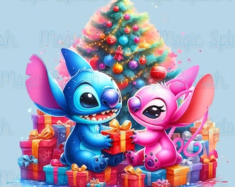 スティッチと天使のクリスマス PNG: 水彩クリップアート画像 (デジタル