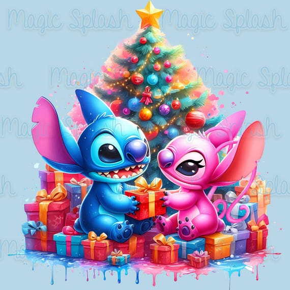 スティッチと天使のクリスマス PNG: 水彩クリップアート画像 (デジタル