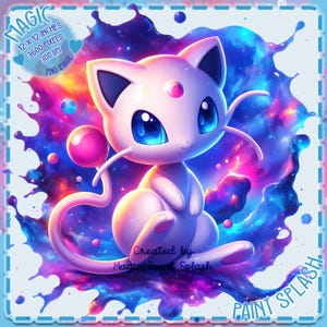 Könnte beinhalten: Eine rosa-weiße Comic-Katze mit blauen Augen, die in einem farbenfrohen galaktischen Hintergrund mit Farbstichen sitzt. Der Hintergrund ist eine Mischung aus blauen, violetten, rosa und orangen Farben. Die Katze hat einen rosa Schwanz und einen weißen Körper mit einer rosa Nase. Das Bild trägt den Titel "Magic Paint Splash".