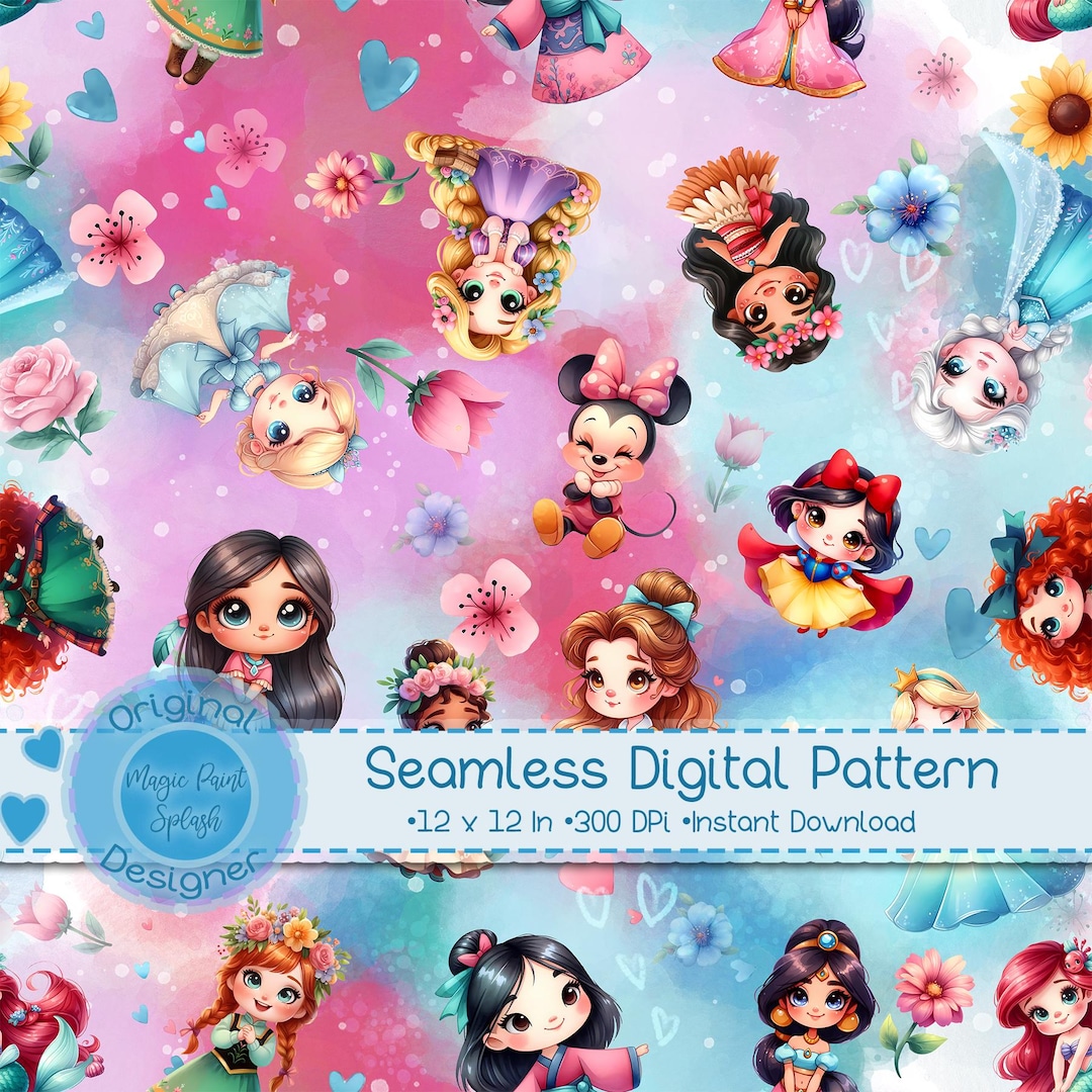 Chibi Pattern Design Chibi Princess Seamless Pattern, Baby Girl Digital Paper (12x12 ...