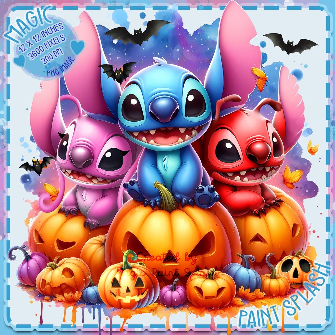 スティッチ、リロイ、エンジェルのハロウィーン水彩スプラッシュ