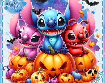 スティッチ、リロイ、エンジェルのハロウィーン水彩スプラッシュ