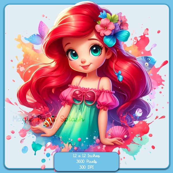 Summery Ariel Watercolor Splash, Clipart Images, Graphics and Artwork, Rainbow Aesthetic, PNG Little Mermaid Images