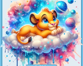 Puede incluir: Un cachorro de león de dibujos animados con ojos azules, acostado en una nube blanca esponjosa, rodeado de planetas y estrellas de colores. El fondo es una salpicadura de pintura acuarela azul y rosa.