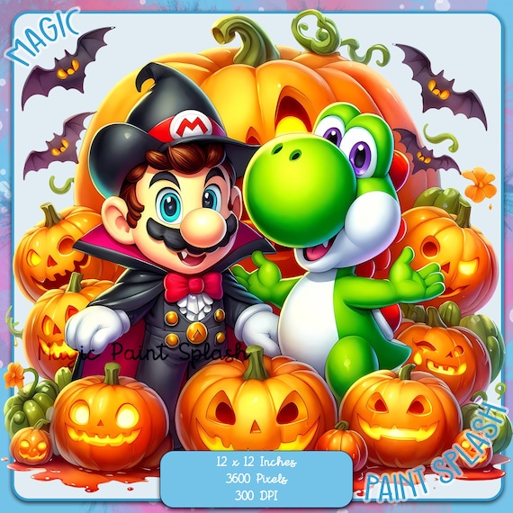 大型 ハロウィン 油絵 ソリティア 両面絵画 マザーグース ボードゲーム マリオとヨッシーのハロウィン水彩PNG画像（デジタルダウンロード