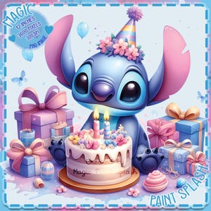 Puede incluir: Ilustración digital de un personaje de dibujos animados azul con orejas grandes, que lleva un gorro de fiesta y está rodeado de regalos y una tarta de cumpleaños. La tarta tiene velas encendidas y decoraciones florales. El texto incluye "MAGIC", "30.48 cm", y "PAINT SPLASH".