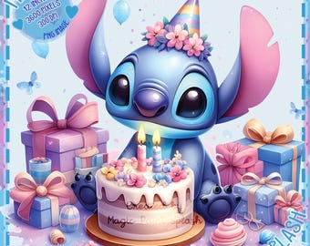 Birthday Stitch Clipart: Watercolor Splash PNG Image (Digital Download, 12x12in, 300DPI)