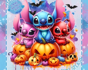 Stitch and Friends Halloween PNG, Clipart de aquarela (download digital)