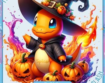 Halloween Charmander Watercolor Clipart: Spooky Monster PNG (Digital Download)