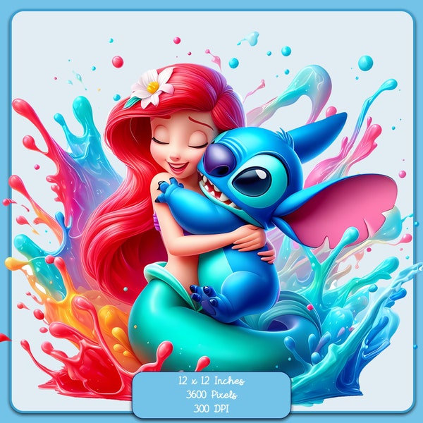 Ariel and Stitch Watercolor Splash, Clipart Images, Graphics and Artwork, Rainbow Aesthetic, PNG Little Mermaid Images