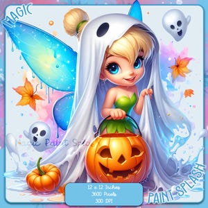 May include: A cartoon fairy dressed as a ghost holding a jack-o'-lantern trick-or-treat bucket. The fairy has blue wings and green clothing. The background is a watercolor wash of blue, pink, and yellow with fall leaves and ghosts.