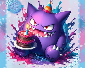 Imagen PNG de salpicadura de acuarela de cumpleaños de Gengar (descarga digital)