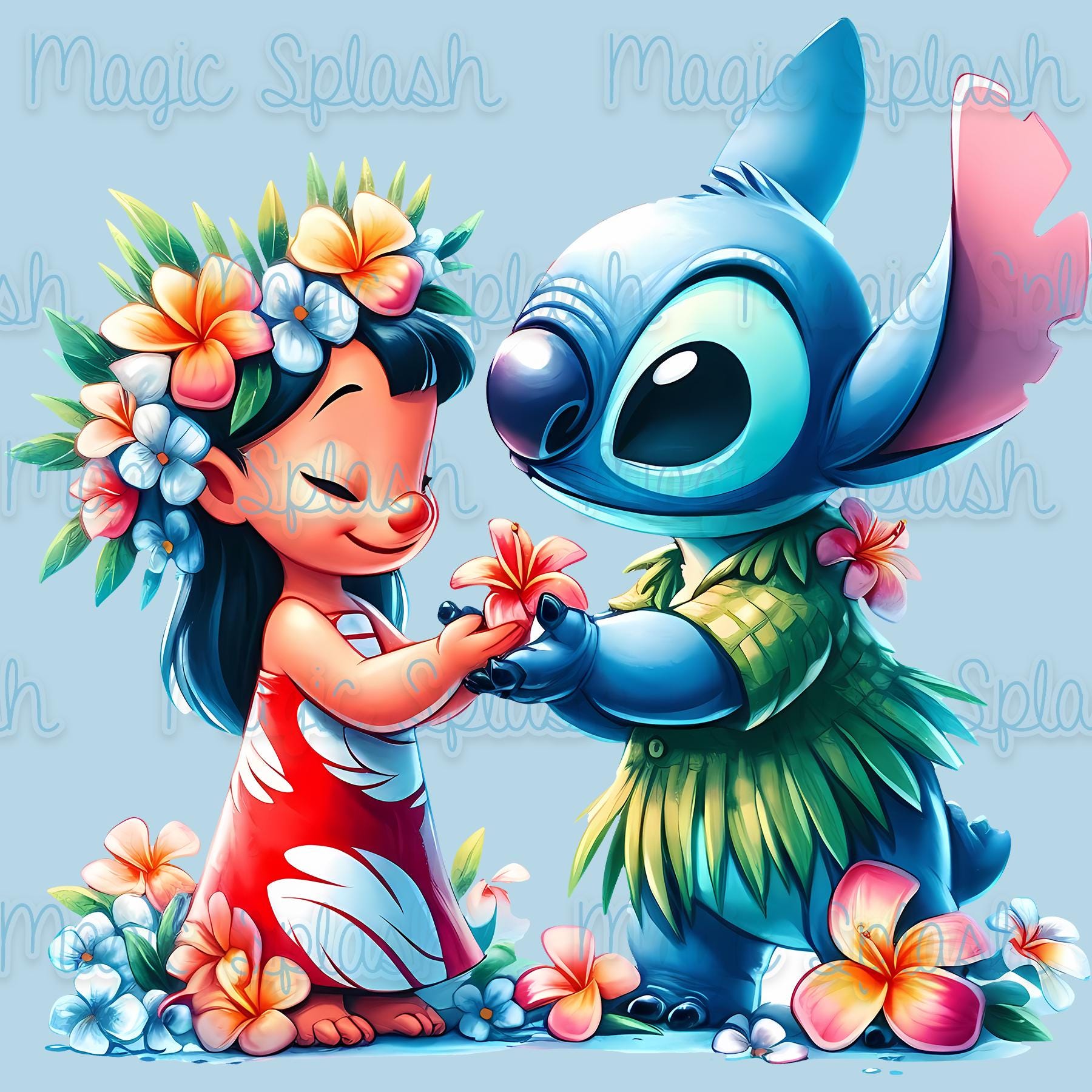 リロ＆スティッチの花 PNG：トロピカルハワイアンアート（デジタル