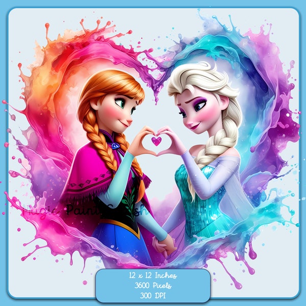 Anna and Elsa Heart Watercolor Splash, Clipart Images, Graphics and Artwork, Rainbow Aesthetic, PNG Frozen Images