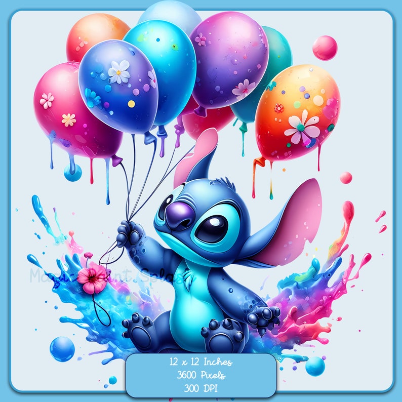 Puede incluir: Un personaje azul Stitch de la pel&iacute;cula de Disney Lilo & Stitch sosteniendo un mont&oacute;n de globos coloridos con flores y salpicaduras de pintura. Los globos gotean pintura y el fondo es un efecto acuarela azul y blanco. La imagen es de 12 x 12 pulgadas, 3600 p&iacute;xeles y 300 DPI.