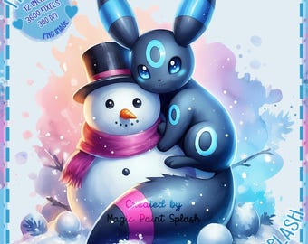 Umbreon Watercolor Clipart, Winter Snowman PNG (Digital Download)