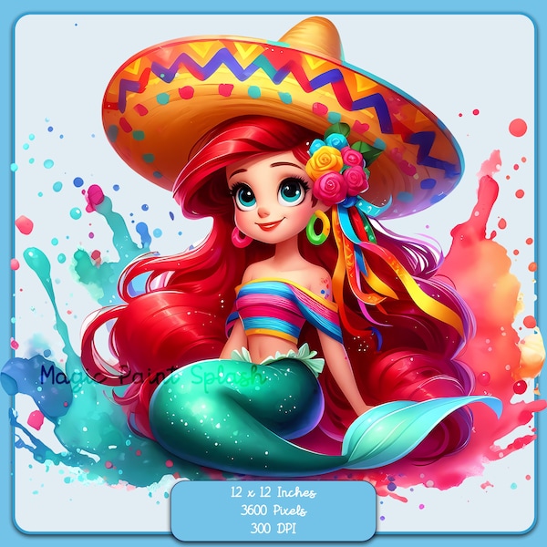 Ariel Cinco de Mayo Watercolor Splash, Clipart Images, Graphics and Artwork, Rainbow Aesthetic, PNG Little Mermaid Images