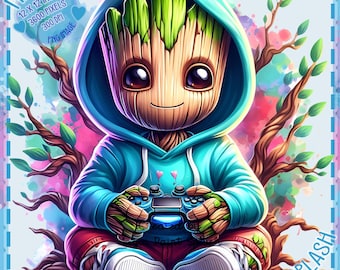 Baby Groot Gamer Clipart: Watercolor PNG Image (Digital Download)