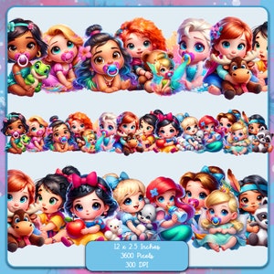 Fila de princesas bebés con salpicaduras de acuarela, imágenes prediseñadas, gráficos y obras de arte, estética de arcoíris, imágenes PNG de lindas princesitas