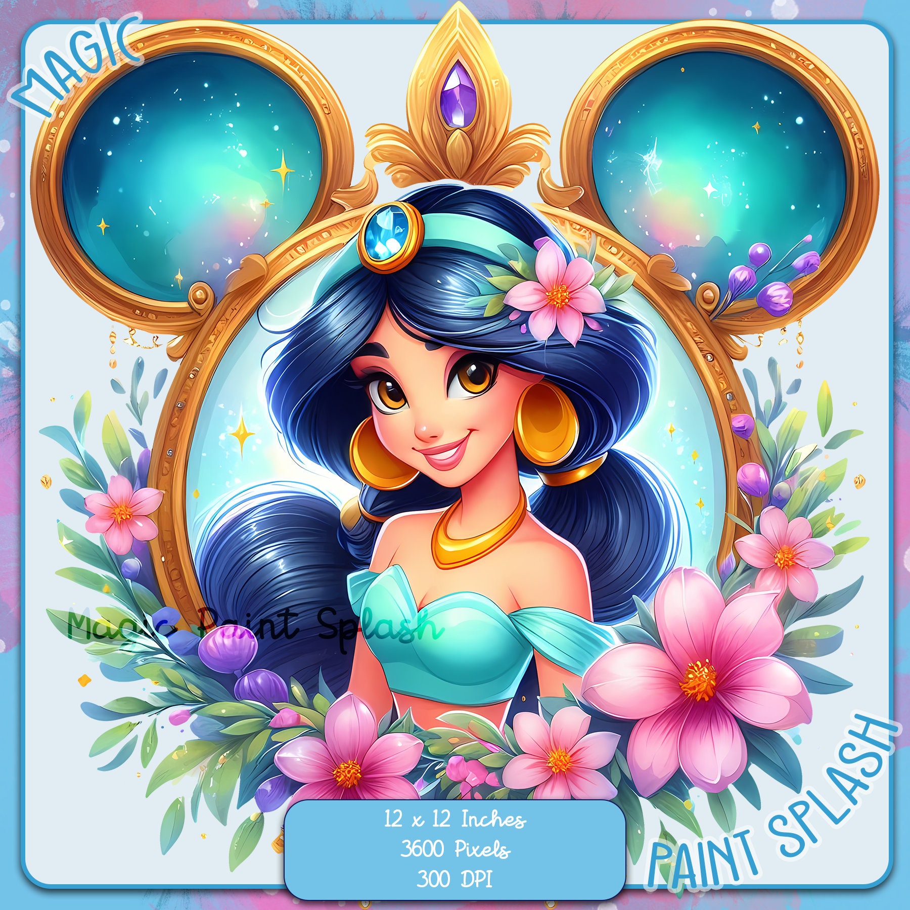 Jasmine Princess PNG Clipart: Watercolor Rainbow Frame (digital