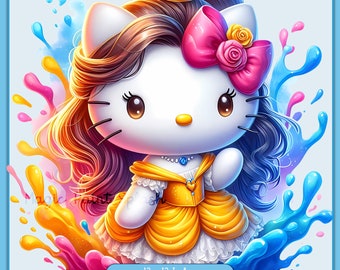 Kawaii Kitty Belle Watercolor Splash, Clipart Images, Graphics and Artwork, Rainbow Aesthetic, PNG Cute Kitten Princess Hello Images