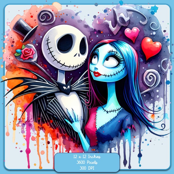 ジャックとサリーの水彩画クリップアート：ナイトメアー・ビフォア