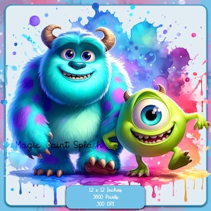 Baby Mike und Sully Aquarell Splash, Clipart-Bilder, Grafiken und Kunstwerke, Regenbogenästhetik, PNG süße kleine Monsterbilder