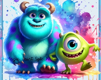 Baby Mike and Sully Watercolor Clipart: Rainbow Monster PNG (Digital Download)