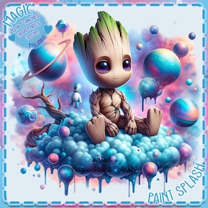 Images clipart bébé Groot sur nuage galaxie aquarelle, graphiques et oeuvres d'art, images de personnages mignons PNG