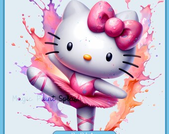 Kawaii Kitty Ballerina Watercolor Splash, Clipart Images, Graphics and Artwork, Rainbow Aesthetic, PNG Cute Kitten Hello Images