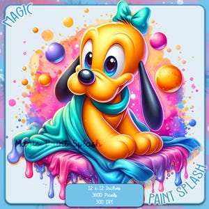 Puede incluir: Una ilustración de dibujos animados de un perro amarillo con un lazo azul, sentado en una plataforma colorida salpicada de pintura que gotea. El perro lleva una bufanda azul y tiene ojos grandes y azules. El fondo es un diseño de estilo acuarela con colores rosa, azul y amarillo. El texto "MAGIC" está en la esquina superior izquierda y "PAINT SPLASH" está en la esquina inferior derecha.