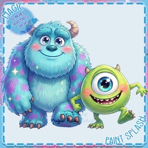 May include: A digital illustration featuring two cartoon monsters. One is a large, blue, furry creature with purple spots. The other is a small, green, one-eyed monster. The image includes the text "MAGIC", "12 INCHES", and "PAINT SPLASH".