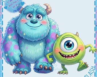 Baby Mike and Sully Watercolor Clipart: Rainbow Monster PNG (Digital Download)