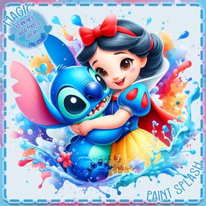 Salpicadura de acuarela de Blancanieves y Stitch, imágenes prediseñadas, gráficos e ilustraciones, estética arcoíris, imágenes PNG de lindas princesitas