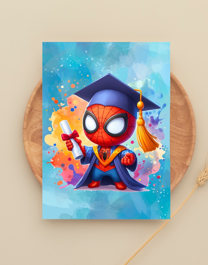 May include: A cartoon illustration of a red and blue Spiderman wearing a graduation cap and gown, holding a diploma. The background is a blue watercolor wash with colorful splatters.