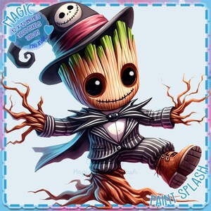 May include: A cartoon character resembling a tree with a green leafy head, wearing a black and white striped suit, a black bow tie, and a black top hat with a skull and crossbones design. The character is standing on a tree trunk and has a friendly expression.