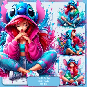 May include: A digital art print featuring a stylized illustration of a woman with red hair, wearing a pink hoodie and blue pants with paint splatter designs. The image includes a large blue character with large ears and a Stitch-like appearance. The background has colorful paint splashes.