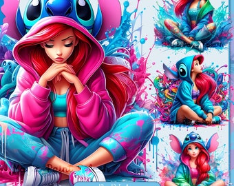 5 Ariel in Stitch Hoodie PNG: Watercolor Splash Clipart Bundle (Digital Download)