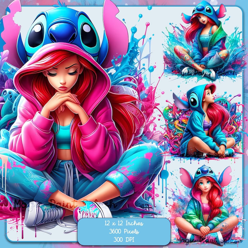 May include: A digital art print featuring a stylized illustration of a woman with red hair, wearing a pink hoodie and blue pants with paint splatter designs. The image includes a large blue character with large ears and a Stitch-like appearance. The background has colorful paint splashes.