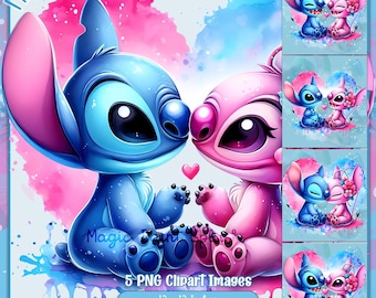 5 Stitch and Angel Aquarell PNG Set: Regenbogen Liebe Clipart (Digitaler Download)