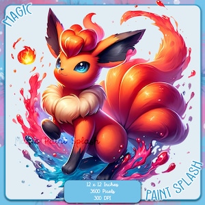 Peut inclure: Une illustration numérique d'un personnage de Pokemon ressemblant à un renard rouge et orange avec une queue touffue, debout dans un tourbillon de peinture bleue et rouge. L'image est intitulée "Magic Paint Splash" et comprend les dimensions "12 x 12 pouces, 3600 pixels, 300 DPI".