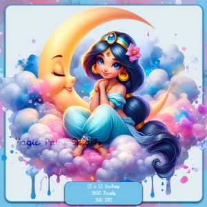 Jasmine on the Moon Clipart: Watercolor Princess Image (PNG)